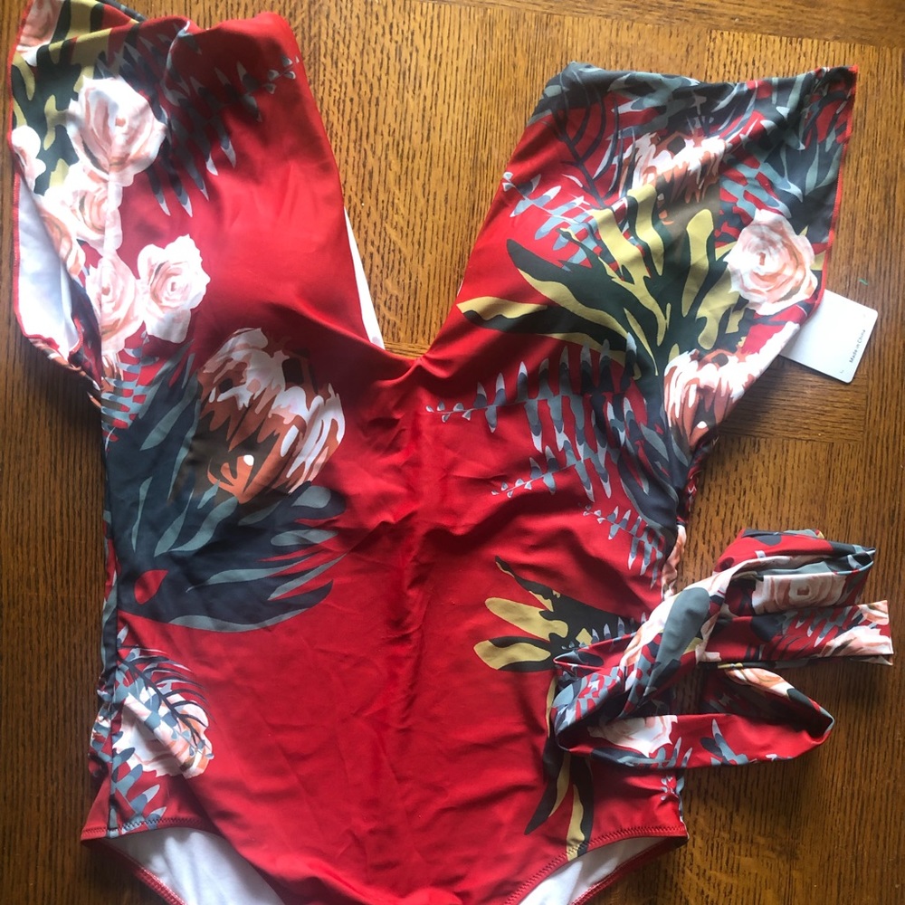 Red new with tags bathing suit floral print waist tie v-neck one piece XL